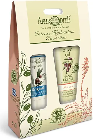 Aphrodite Natural Cosmetics - Crema de Manos de Hidratación Intensa (30 ml) y Bálsamo Labial de Hidratación Instantánea (4 g) con Aceite de Oliva - Suaviza los Labios Agrietados…  