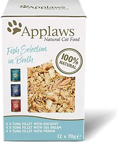 Applaws Comida Húmeda para Gatos 100% Natural Multipack de Selección de Pescado en Caldo para Gatos Adultos - 12 Sobres de 70g  