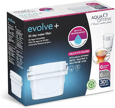 Aqua Optima Evolve+ Cartucho de Filtro de agua de 30 Días, Paquete de 6 (suministro de Hasta 6 Meses) - Compatible con más del 90% de las Jarras Filtrantes, Incluidas Brita Maxtra y Maxtra+  