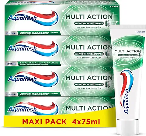 Aquafresh Multi Action Pasta de Dientes Con Flúor, Lucha Contra Caries, Manchas Superficiales y Mal Aliento, Pack 4x75 ml  