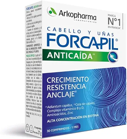 Arkopharma Forcapil Anticaída, Ayuda a Reducir Caída del Cabello, Crecimiento, Resistencia y Anclaje, Alta Concentración en Biotina, Complemento Alimenticio, 30 Unidad (Paquete de 1)  
