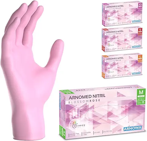 ARNOMED Guantes Nitrilo Talla M, Rosa, Guantes de Nitrilo, 100 Uds/caja, Guantes Nitrilo Desechables sin Polvo, Guantes de goma sin Látex, Guantes Nitrilo Talla XS, S, M y L  