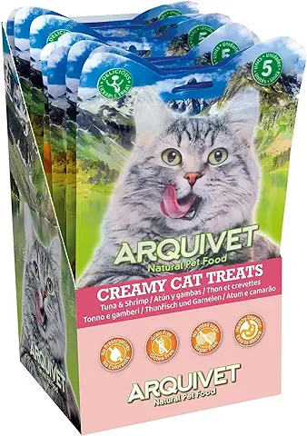 Arquivet- Creamy Cat Treats - Snack Cremoso de Atún y Gambas (Expositor de 12 Bolsas con 5x14 g)  