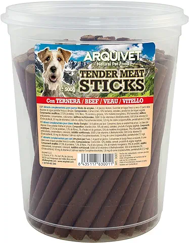 Arquivet, Tender Meat Sticks Ternera 500 g, Palitos Blandos para Perros, Snacks, Premios, Recompensas, Chuches, Golosinas Caninas, Limpia Dientes y Refuerza la Mandíbula  