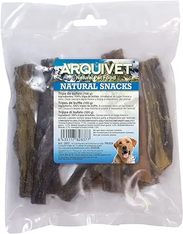ARQUIVET Tripa de Búfalo 100 gr - Snacks 100% Naturales para Perros - Premios, Chuches, Recompensas, Golosinas, Chucherías Caninas - Ideales para la Limpieza Dental  
