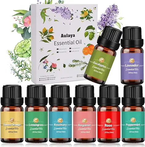 Aulaya Set de Aceites Esenciales para Difusor, 8 x 10 ml Aromaterapia Aceite Aromático, Essential Oils Set para Humidificador, Lavanda, Eucalipto, Rosa, Menta, Limoncillo, Naranja Dulce, etc  