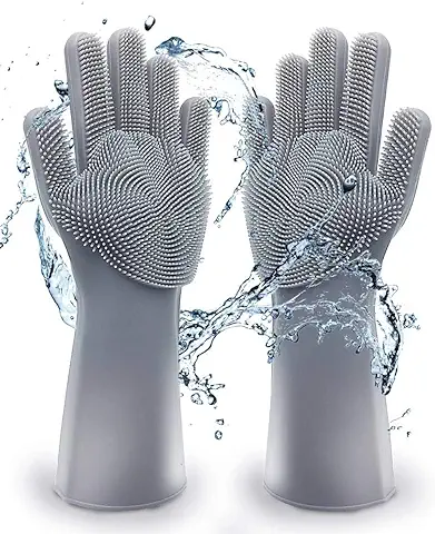 AVANA Guantes de Silicona para Lavar Platos, con Estropajos, Guantes de Limpieza, sin BPA, Resistentes al Calor, para Lavar Platos, Cuidado de Mascotas, Baño, Lavado de Coches (gris)  