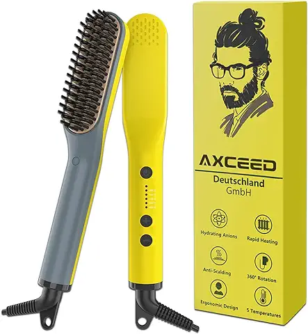 Axceed 2 in 1 Peine Cepillo Alisador de Barba Electrico, PTC 30 Segundos de Calentamiento Rápido, 5 Temperatura Regulable(120-200 ° C), Tecnología de Turmalina, Amarillo  