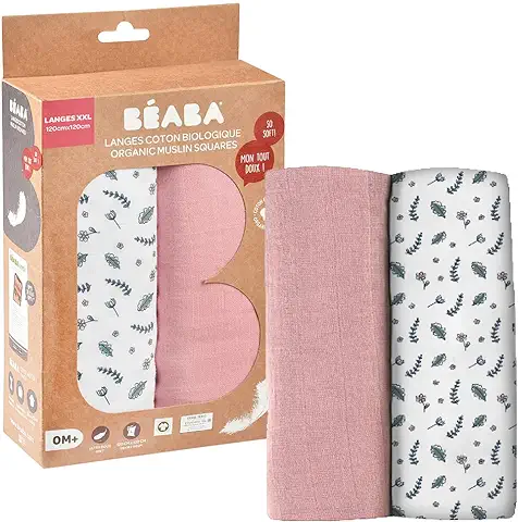 BÉABA, Pack de 2 Muselinas para Bebé, Muselina de Algodón Orgánico, Multiusos: Arrullo, Babero, Manta, Trapito, Ultrasuaves, Transpirables, Grandes, 120cm, Ecológicas y Sanas, Rosa Viejo  