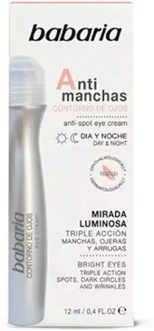 Babaria - Antimanchas Contorno de Ojos, Triple Acción Manchas, Ojeras y Arrugas, Cuidado de Día y de Noche, Apto para Todo Tipo de Pieles y Edades, Vegano - 12 ml  