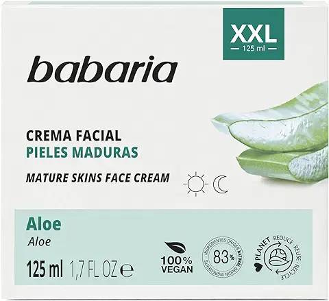 Babaria - Crema Facial Antiarrugas Nutritiva para Pieles Maduras XXL, con Aloe Vera y Manteca de Karité, 83% de Ingredientes Naturales, Vegano - 125 ml  