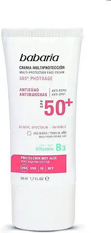 Babaria - Crema Facial Multiprotectora SPF 50+ Antiedad y Antimanchas, Alta Protección UVA/UVB, Infrarrojos y HEV, Antipolución, Uso Diario - 50 ml  