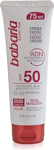 Babaria - Crema Solar Facial BB Cream SPF50 UVA-UVB e Infrarrojos, Contiene Rosa Mosqueta y Aloe Vera, Antienvejecimiento y Antipolución, Resistente al Agua, Vegano, Unisex - 75 ml  