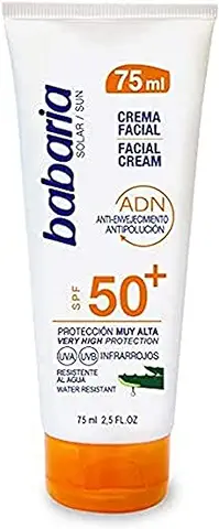 Babaria - Crema Solar Facial SPF50+ UVA-UVB e Infrarrojos, Contiene Aloe Vera, Anti-Envejecimiento y Antipolución, para Uso Facial y Escote, Resistente al Agua, Vegano, Unisex - 75 ml  