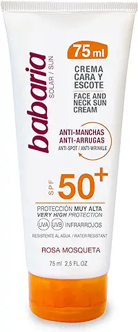 Babaria - Crema Solar Facial SPF50+ UVA-UVB e Infrarrojos, Contiene Rosa Mosqueta, Antiarrugas y Antimanchas, para Uso Facial y Escote, Resistente al Agua, Vegano, Unisex - 75 ml  