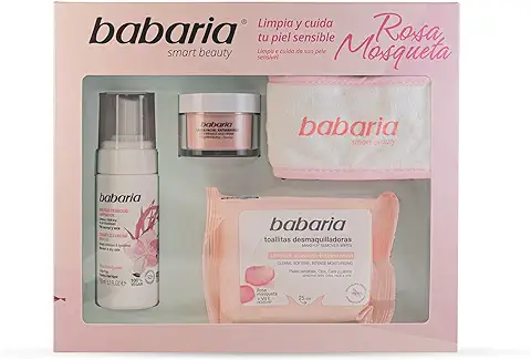 Babaria - Pack Limpieza Rosa Mosqueta, Incluye Mousse Cremoso Limpiador 150 ml, Crema Antiarrugas 50 ml, Toallitas Desmaquillantes 25 Uds y Banda Facial, Con Rosa Mosqueta y Vitamina E, Cuida y Limpia  