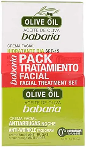 Babaria - Pack Tratamiento Facial Olive Oil, Crema Facial de Día SPF 15 y Crema Facial Antiarrugas Noche, con Aceite de Oliva, Sin Parabenos, Vegano - 2 x 50 ml  