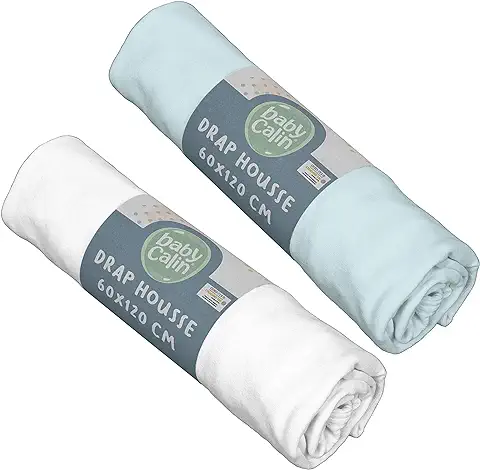 Babycalin - Set de 2 sábanas bajeras, 60cm x 120cm, Blanco/ Azul