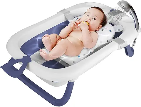 Bañera Bebé Plegable con Cojín de Baño Antideslizante y Termómetro con Pantalla Digital, Perfecto para Recién Nacidos y Bebés (Azul)  