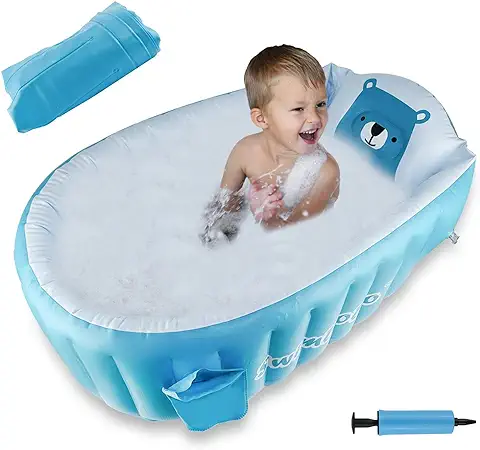 Bañera Hinchable Bebe, Aolkee Portátil Bañera Plegable Bebé, Piscina Bebe, Bañera Niños para Plato Ducha, Bañera para Bebés de Viaje Suave Reutilizable (para 0-5 Años) + Bomba de Aire, azul  