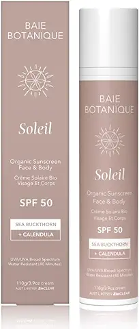Baie Botanique Soleil Protector Solar Orgánico para Rostro y Cuerpo SPF 50 - Protector Solar Mineral con Espino Amarillo y Caléndula Orgánicos - Protector Solar Vegano - Seguro para Arrecifes 110g  