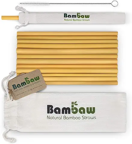 Bambaw - 12 Pajitas de Bambú Ecológicas, Biodegradables y Reutilizables, Fabricadas a mano en Bali, Incluye un Cepillo de Limpieza y una Bolsa de Almacenaje, 22 cm  