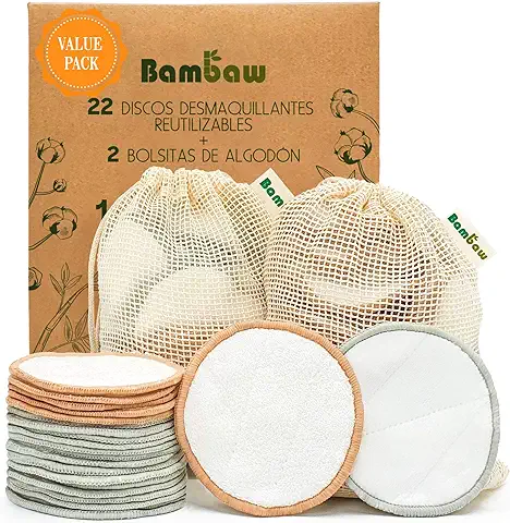 Bambaw Discos Desmaquillantes Reutilizables con dos Bolsitas de Algodón para Lavarlos – Pack 22 Discos  