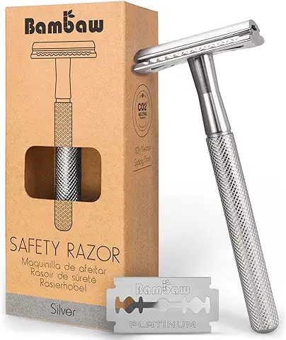 Bambaw – Maquinilla de Afeitar Hombre Clasica, Afeitadora Manual con Cuchilla Afeitar Clásica, Safety Razor, Compatible con Todas las Hojas de Afeitar – Plata  