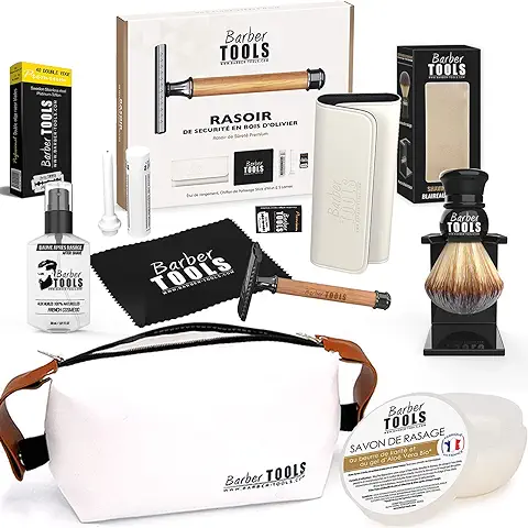 ✮ BARBER TOOLS ✮ Kit de Afeitado - Maquinilla de Afeitar de Seguridad + 40 Cuchillas Dobles + Tejón de Afeitar + Jabón de Afeitar + Bálsamo para Después del Afeitado + Piedra de Alumbre + Bolsa  