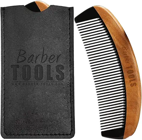 Barber Tools - Peine para Barba y Bigote de Madera de Sándalo y Cuerno de Búfalo Antiestático con PU.  