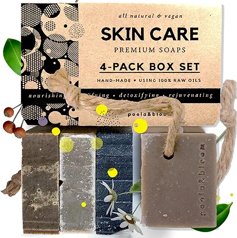 Barra de Jabón en una Cuerda, Jabón Natural para Hombres, Jabón Vegano Orgánico 4 Paquetes de Jabón para el Cuerpo - Negro, Arcilla Verde del Mar Muerto, sal y lodo del Mar Muerto, lodo y Minerales  
