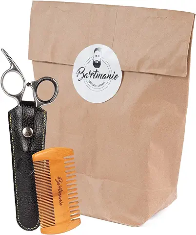 Bartmanie Juego de Recortadora de Barba de Acero Inoxidable y Penilla para Barba de Madera, Estuche de Cuero Sintético Incluido, kit Corta Barba para Hombres (2 Piezas)  