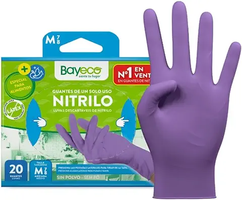 Bayeco - Guantes de Nitrilo Desechables Morados - Talla M - Pack 20 uds - Sin Polvo y sin Látex - Texturizados para Mayor Agarre  