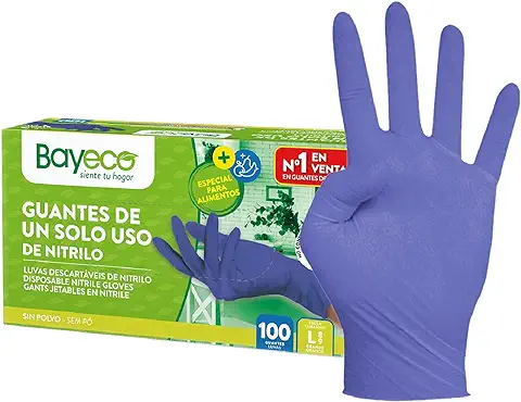 Bayeco - Guantes de un solo uso de Nitrilo - Color Azul - Ambidiestros - Terminación Bordillo Enrollado - Dedos Texturizados para Mejor Agarre - Pack Dispensador de 100 Unidades - Talla L  