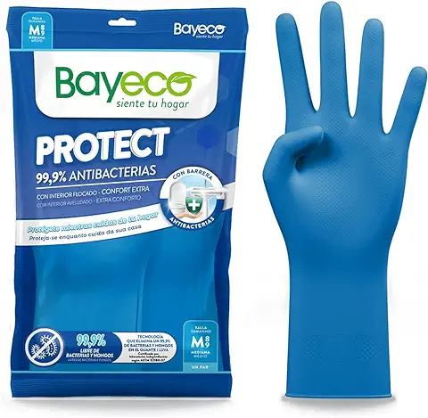 Bayeco - Guantes Reutilizables Protect Antibacterias - Extra-protección para la Limpieza de tu Baño - Color Azul - Interior Flocado para Menor Sudoración y Mayor Confort - 1 Par - Talla M  