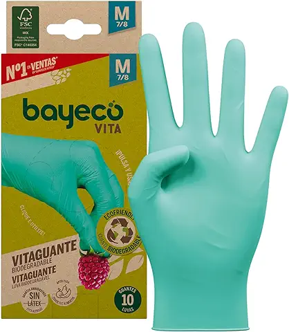 Bayeco Vitaguante - Guantes de Nitrilo Desechables Biodegradables - Color Verde - Talla M - Pack 10 uds - 100% Sostenibles - Sin Polvo y sin Látex - Texturizados en Dedos para Mayor Agarre  