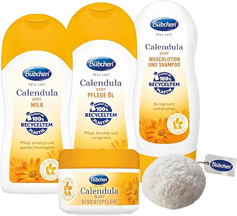 Bübchen Set de Cuidado de Caléndula Orgánico, 4 Piezas, Juego de Regalo con Productos para Bebés, Desde Aceite de Cuidado Suave Hasta Cuidado Facial Suave, sin Siliconas  