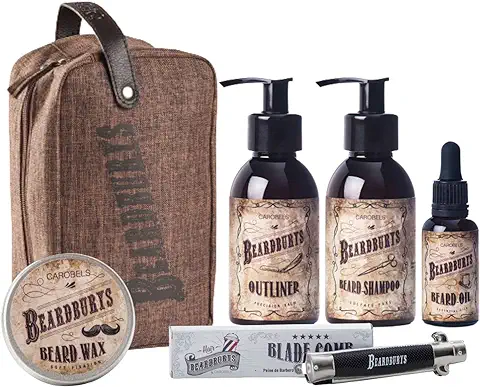 Beardburys | Kit Cuidado de Barba 6 en 1, Regalo para Hombres, Cuidado Profesional Completo Con Aceite para Barba, Champú para Barba, Cera, Outliner, Peine-Navaja Vintage y Neceser  