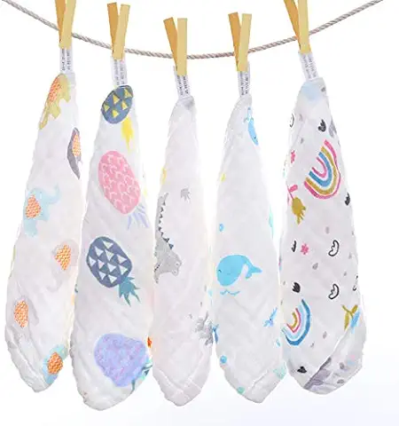 Bebé Muselina Paños y Toallas De Baño, 5 Unidades Toallitas Para Bebé De Muselina, 100% Naturales Algodón Extra Suave y Transpirable Toalla De Cara Recién Nacido Para Pieles Sensibles, 25 x 25 cm  