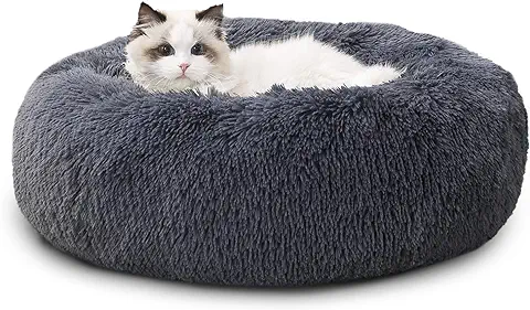 Bedsure Cama Gato Antiestres Invierno - Cama Perro Pequeño con Felpa Suave, Cojin Mascota de Pelo Relajante y Lavable,Gris Oscuro,50x50CM  