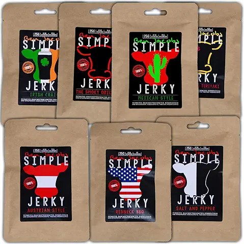 Beef Jerky Carne de vaca Caja de Muestra de Cecina, 7 x 25 g, Carne de Vacuno Austriaca de Primera Calidad Alimentada con Pasto, sin Aditivos ni Conservantes  