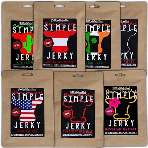 Beef Jerky Carne de vaca Caja de Muestra de Cecina, 7 x 50 g, Carne de Vacuno Austriaca de Primera Calidad Alimentada con Pasto, sin Aditivos ni Conservantes  