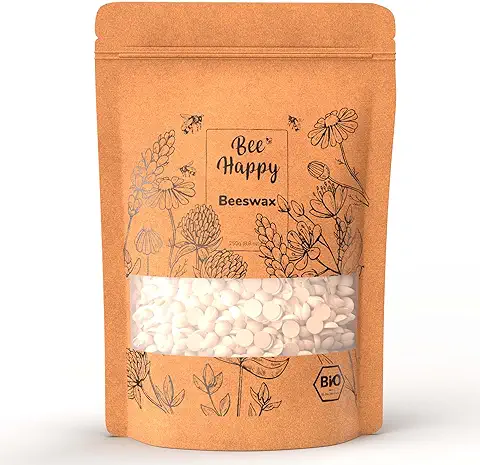 BeeHappy Pellets Cera de Abeja Natural, Certificado Bio, 250g - Cera para Velas Caseras Natural - Hacer Velas Cera Abeja Natural - Cera de Abejas para Cosmetica Natural - Cera Velas Caseras de Beeswax  