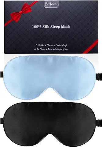 BeeVines - Mascarilla de seda Natural 100 % real con Correas Ajustables, Máscara de Dormir para los Ojos, Sombra para Dormir para los ojos Hinchados (negro y azul Pastel)  