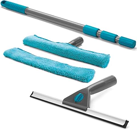 Beldray LA028693TQ Limpiacristales Y Mojador Para Ventanas Con Mango Telescópico De 130 cm, Incluye Almohadillas De Microfibra,Conjunto De 5 Piezas, Turquesa,Juego de Limpieza de Ventanas de 5 Piezas  