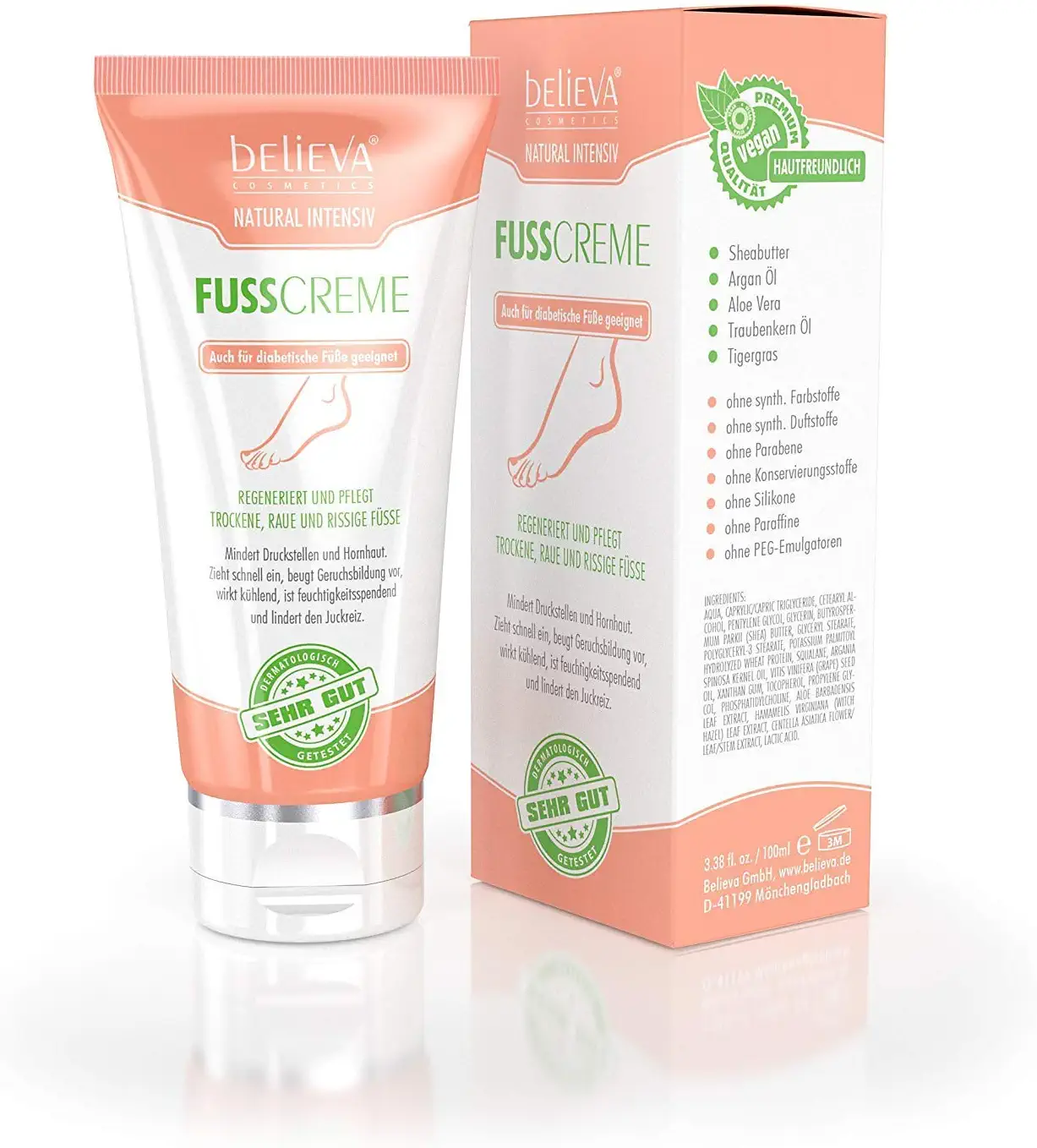 Believa Natural Intensive Premium Crema de Pies - 100% Vegana Para Pies Contra Callos - Piel Agrietada y Pies Secos - Foot Cream 100ml  