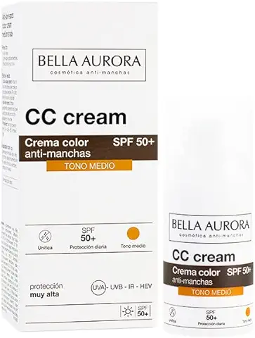 Bella Aurora Crema Facial con Color SPF 50+, 30 ml | CC Cream para Todo Tipo de Piel | Protector Solar Anti-Manchas | CC CREAM Tono Medio  