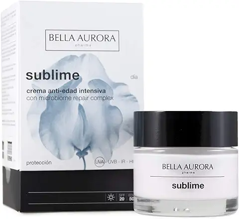 Bella Aurora Crema Facial de Día Hidratante Anti-Edad y Anti-Manchas 50+ Años Piel Sensible SPF 20, 50 ml | Repara, Protege y Mantiene la Microbiota de la Piel | Ácido Hialurónico | SUBLIME  
