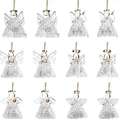Belle Vous Set Angeles Decoracion de Vidrio con LED para Navidad (Pack de 12) Adornos Navideños para Casa - Figuras de Angeles Transparente para Colgarlos en el Árbol, Decorar en el Hogar, Fiestas  