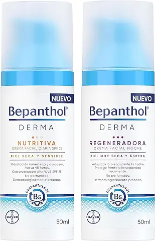 Bepanthol Derma Nutritiva Facial Día 50 ml + Derma Regenadora Facial Noche 50 ml, para Piel Seca y Sensible, Kit Tratamiento Facial Completo con SPF25, para Piel Seca y Sensible, 50 + 50 ml  